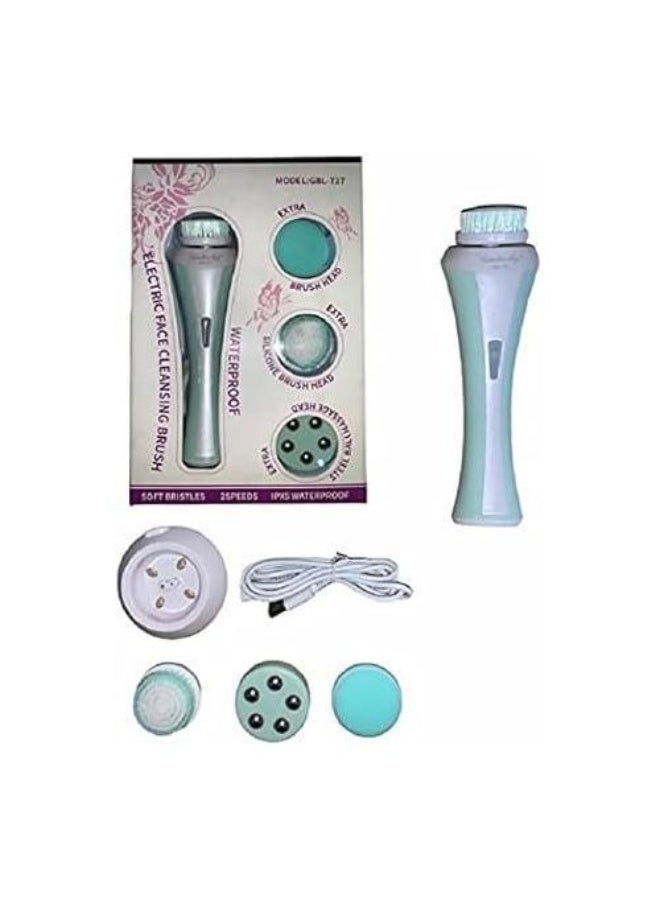 فرشاة كهربائية لتنظيف الوجه مقاومة للماء، مجموعة مكونة من 4 فرش، رأس للمساج بكرات من الستيل ورأس فرشاة من السيليكون ورأسي فرشاة